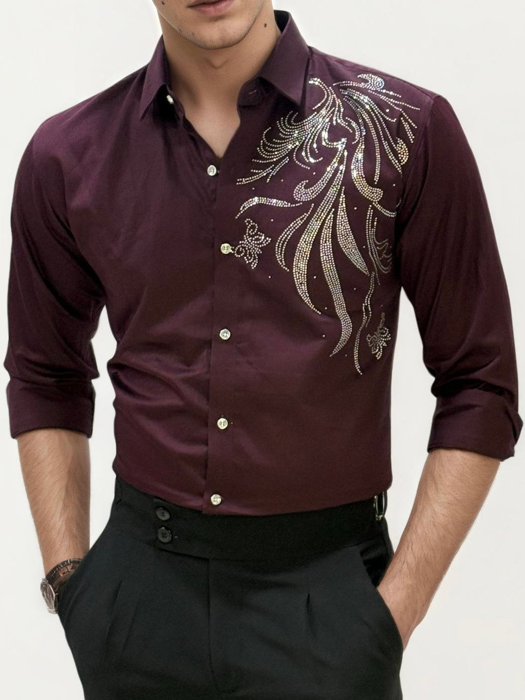 Wine Stone Work Party Wear Shirt