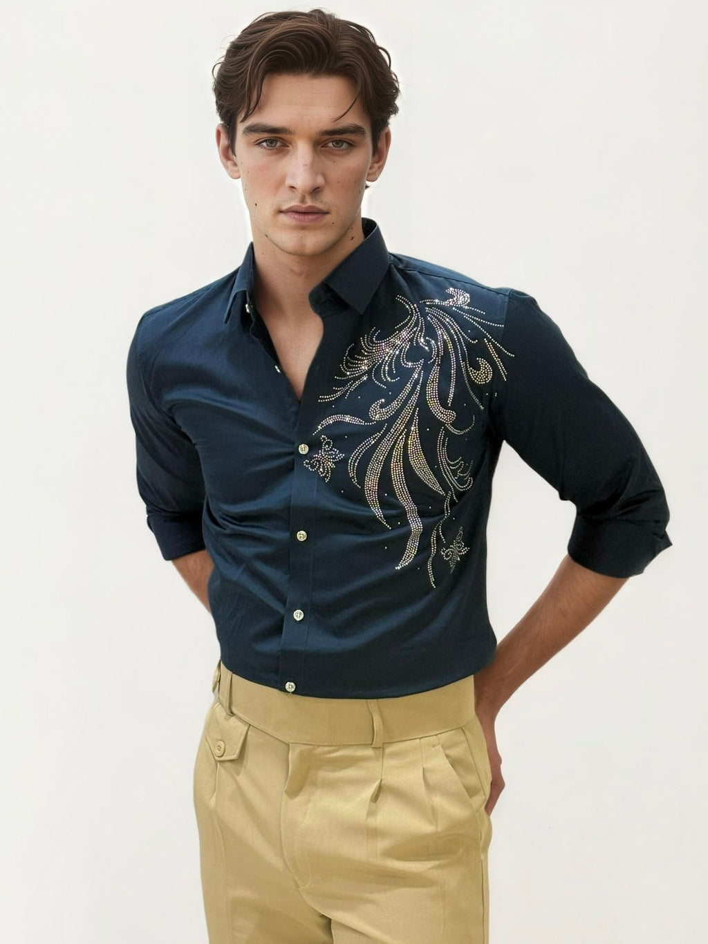 Green Stone Work Party Wear Shirt