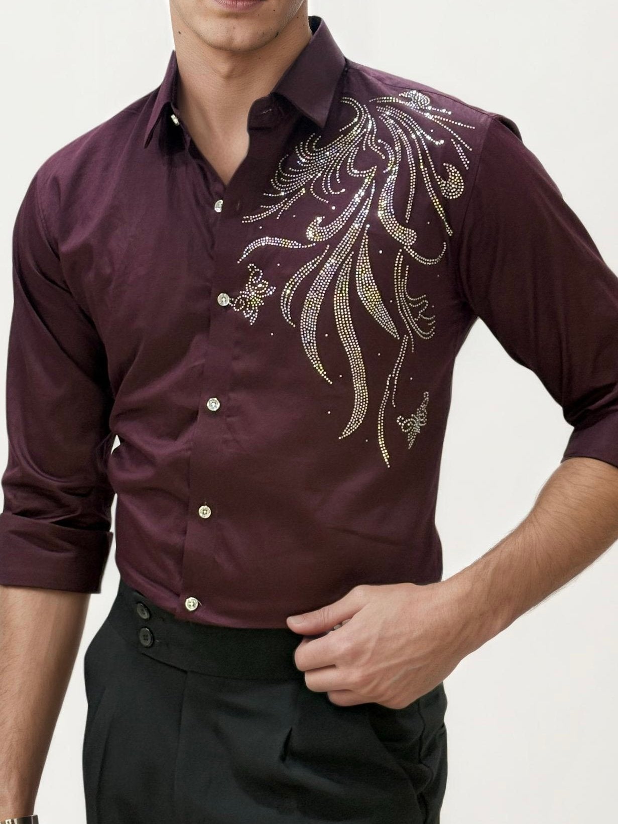 Wine Stone Work Party Wear Shirt