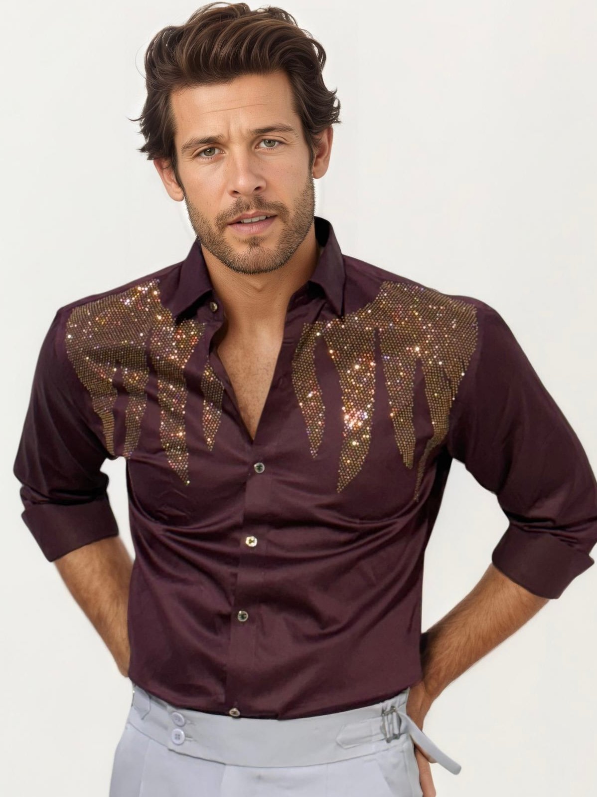 Wine Stone Work Party Wear Shirt