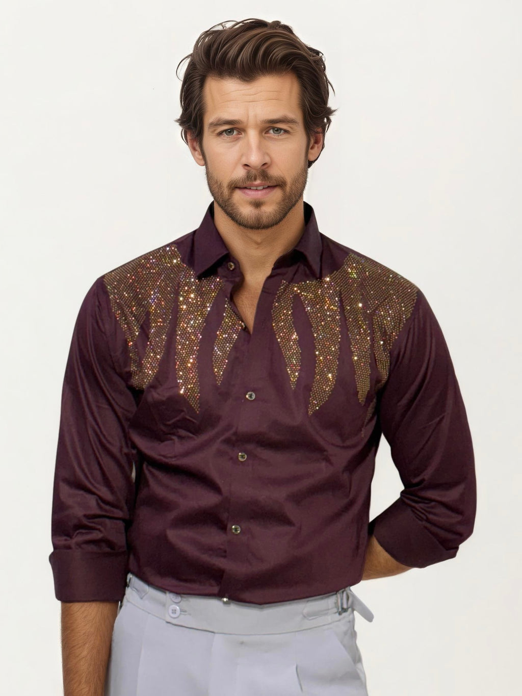 Wine Stone Work Party Wear Shirt