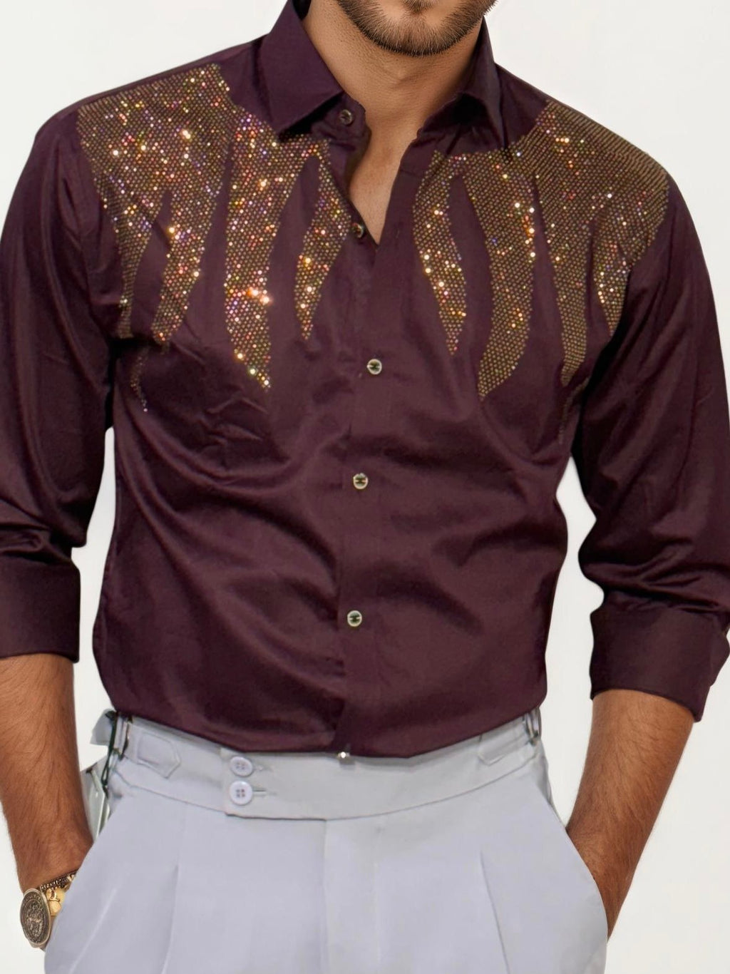 Wine Stone Work Party Wear Shirt