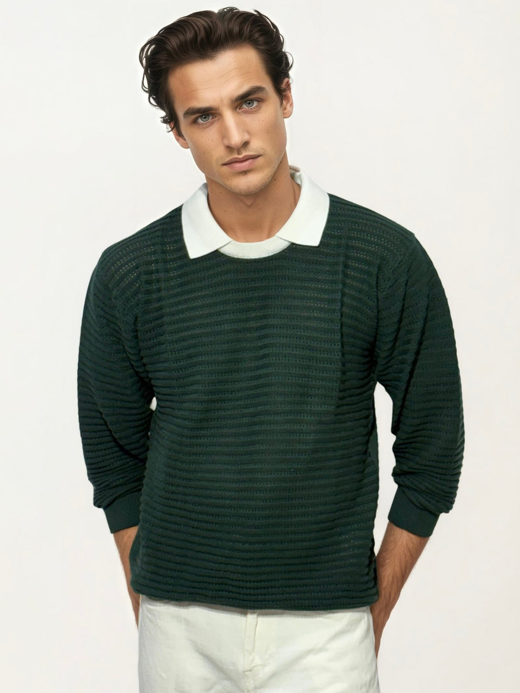 White Collar-Green Fullhand Sweat Shirt