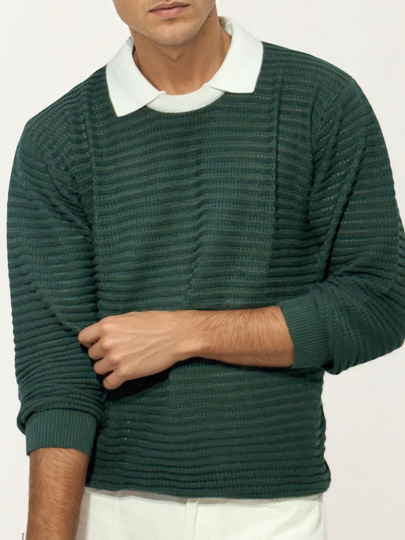 White Collar-Green Fullhand Sweat Shirt