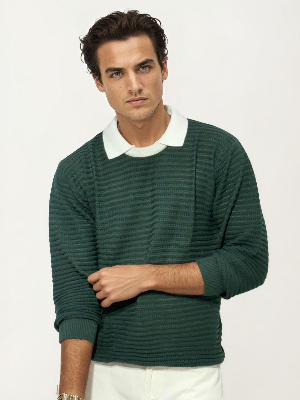 White Collar-Green Fullhand Sweat Shirt