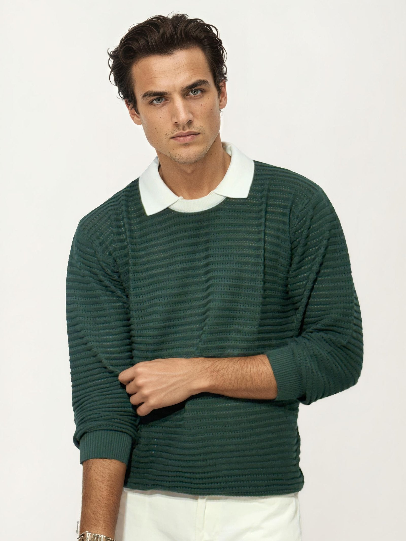 White Collar-Green Fullhand Sweat Shirt