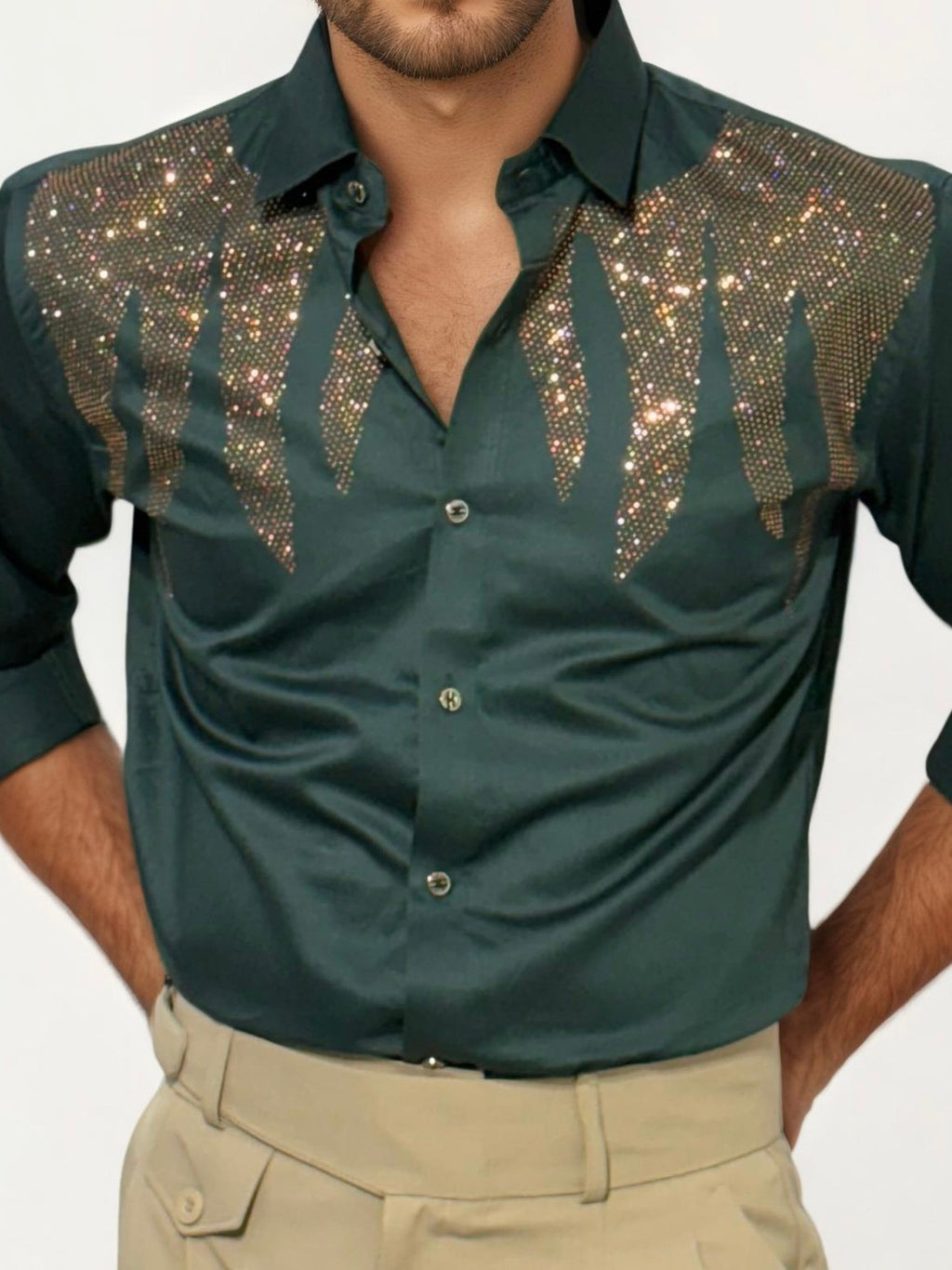 Green Stone Work Party Wear Shirt