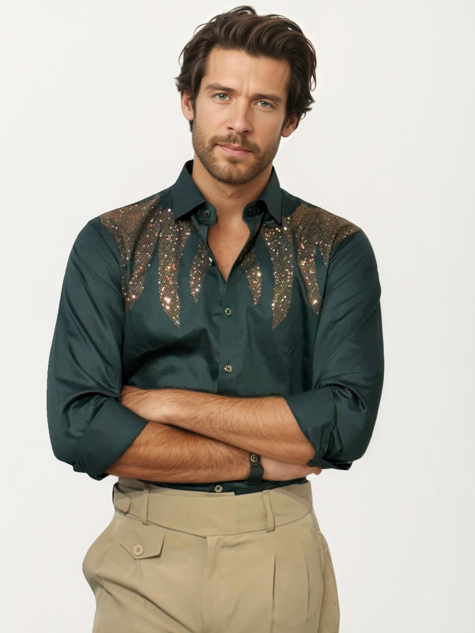 Green Stone Work Party Wear Shirt