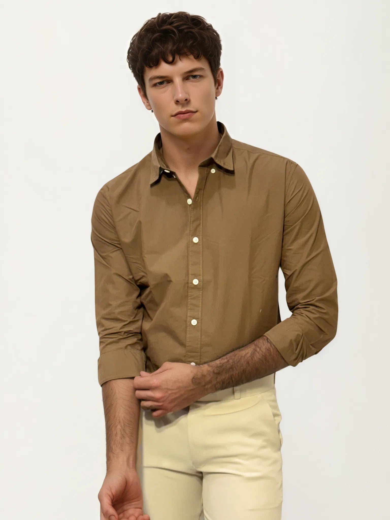 Brown Pima-Cotton Plain Formal Shirt