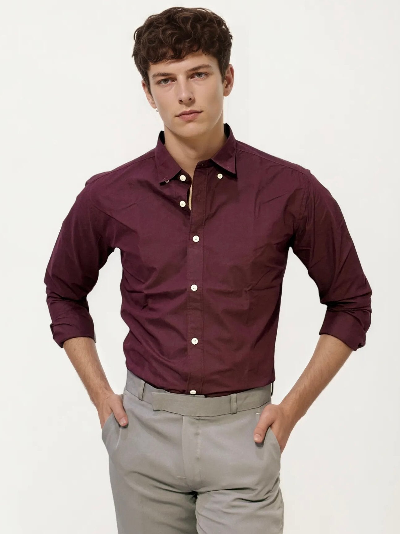 Wine Pima-Cotton Plain Formal Shirt