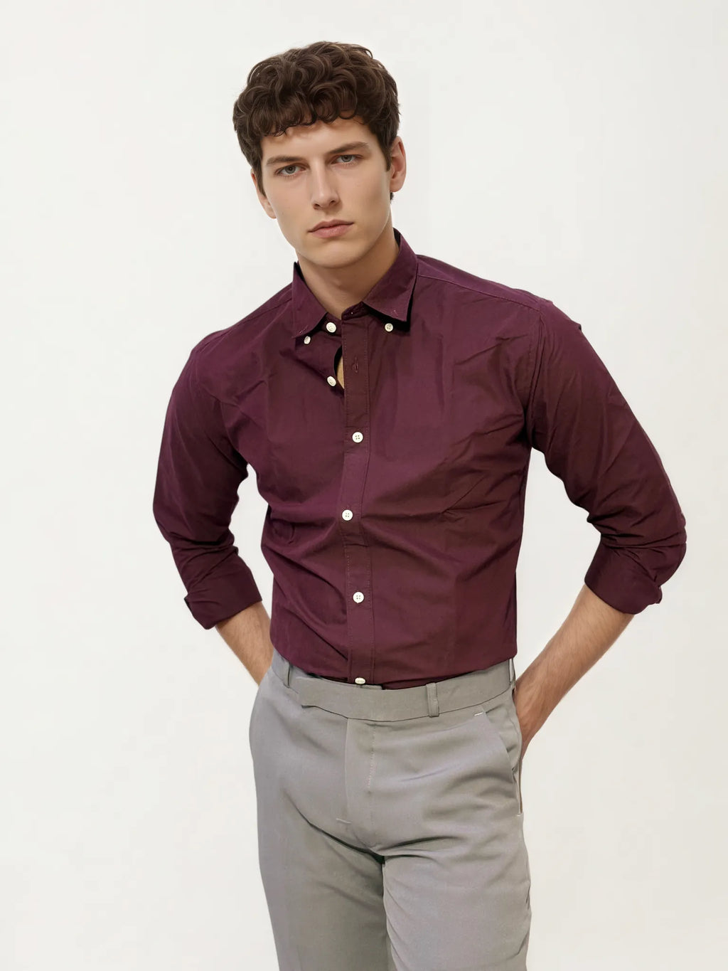 Wine Pima-Cotton Plain Formal Shirt