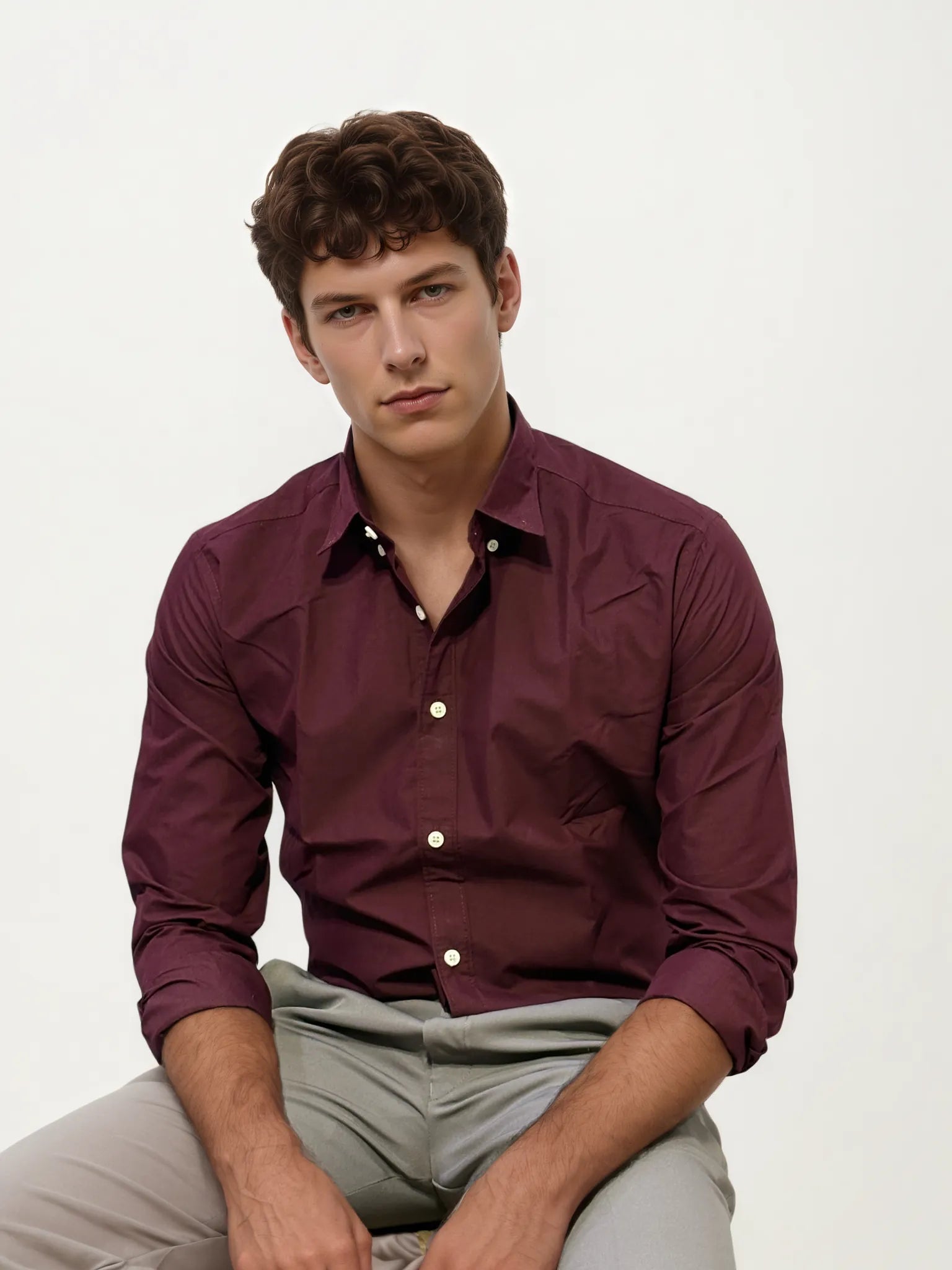 Wine Pima-Cotton Plain Formal Shirt
