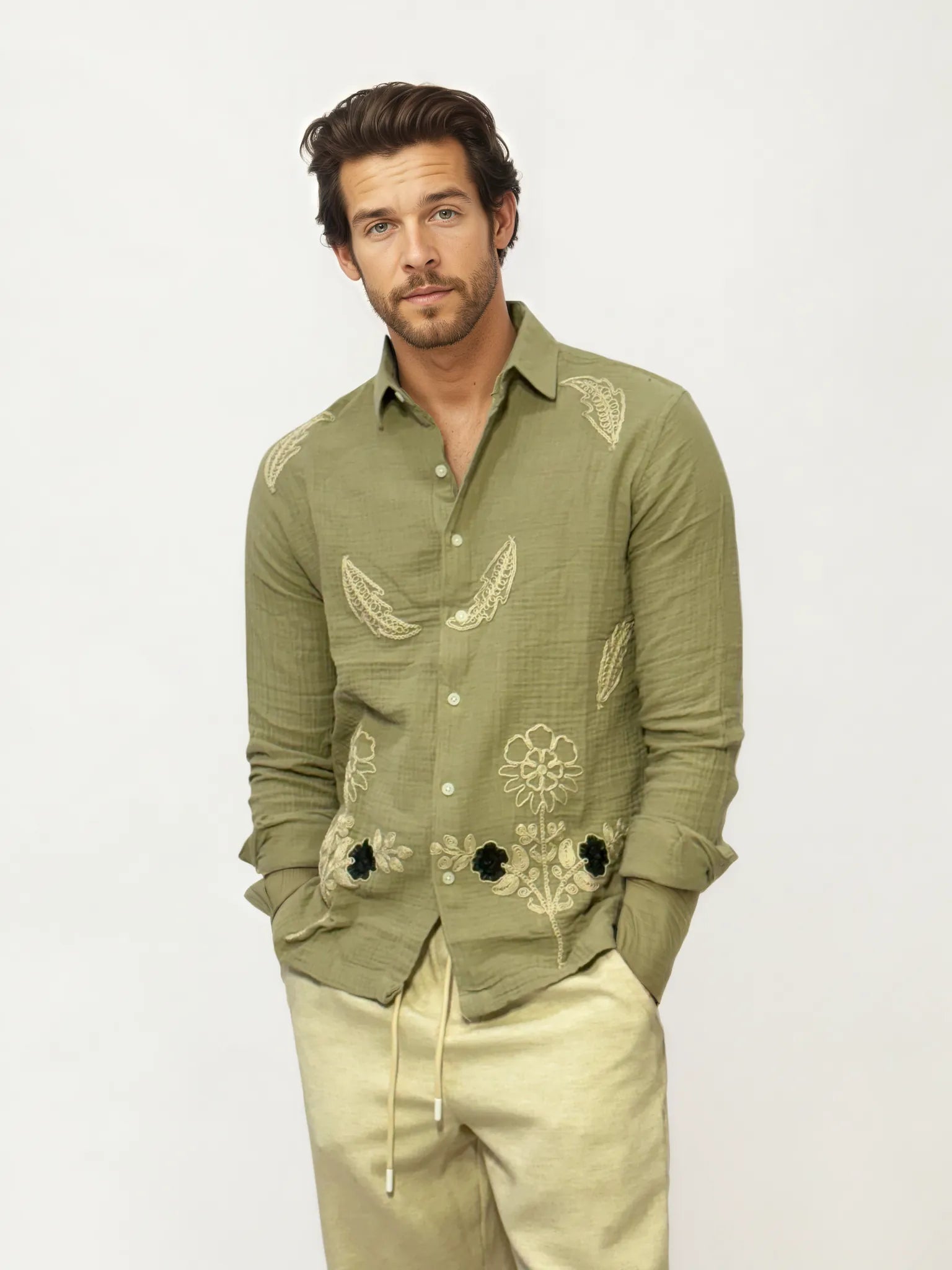 Embroidery Blended Linen Shirt