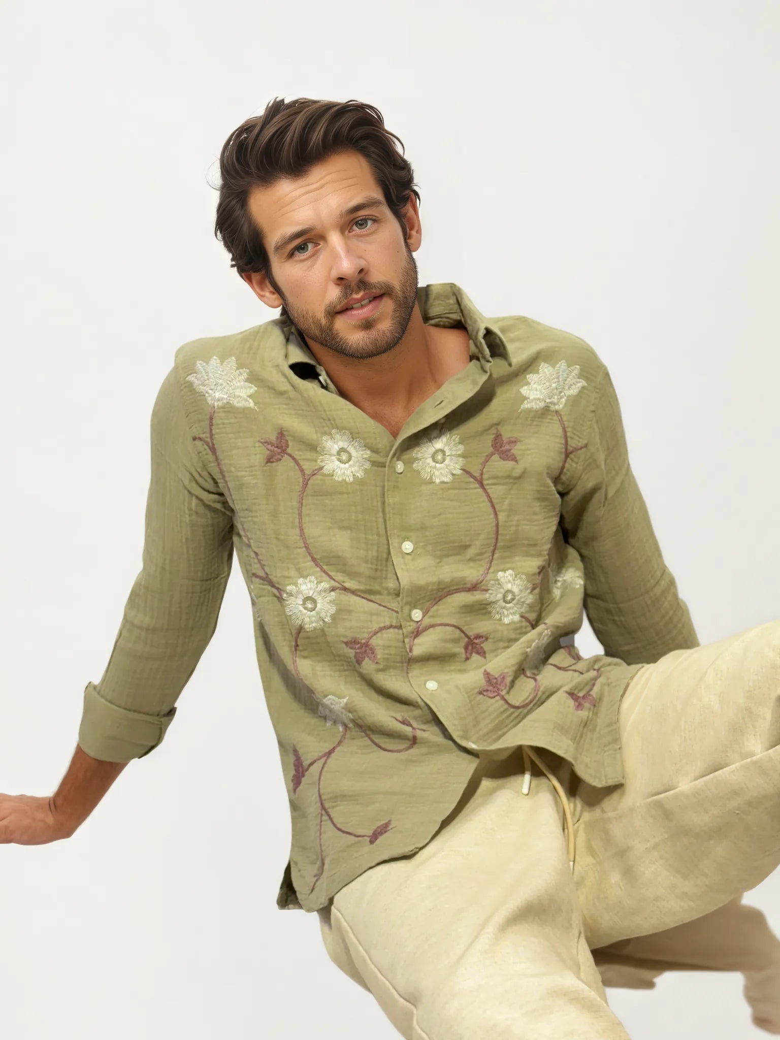 Embroidery Blended Linen Shirt