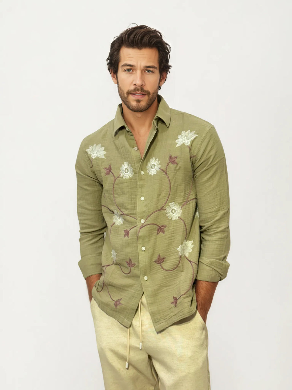 Embroidery Blended Linen Shirt