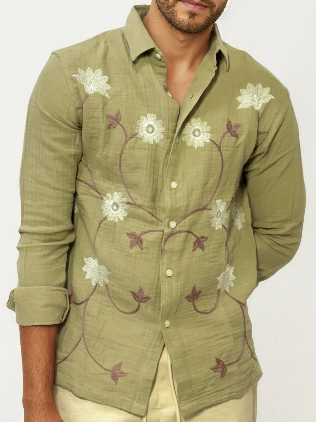 Embroidery Blended Linen Shirt