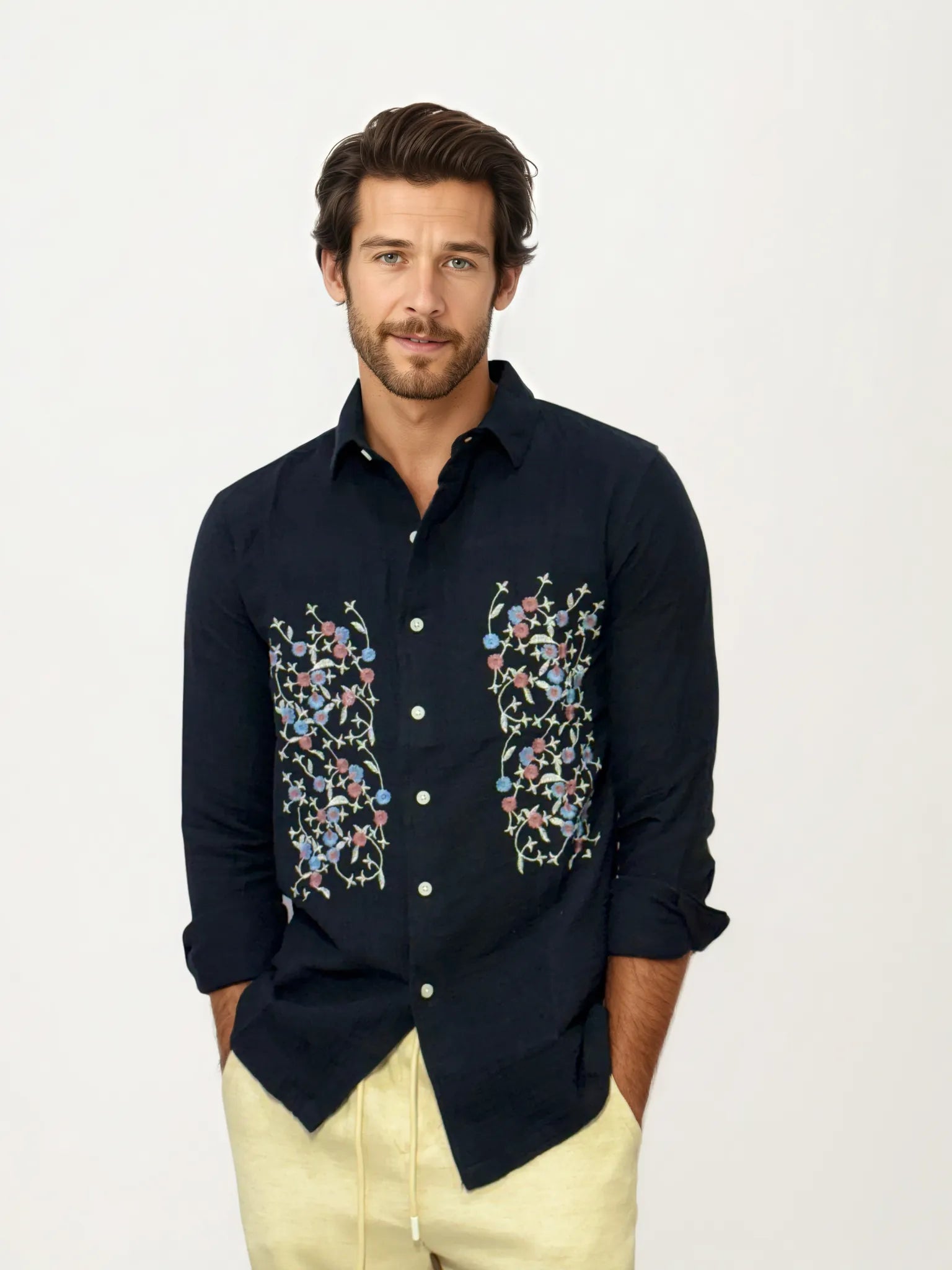 Embroidery Blended Linen Shirt
