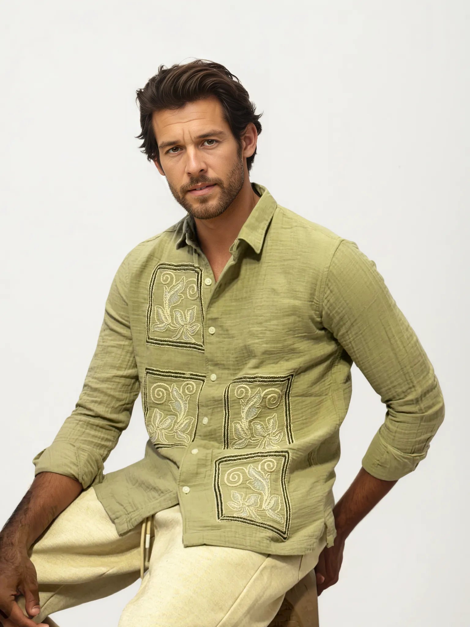 Embroidery Blended Linen Shirt