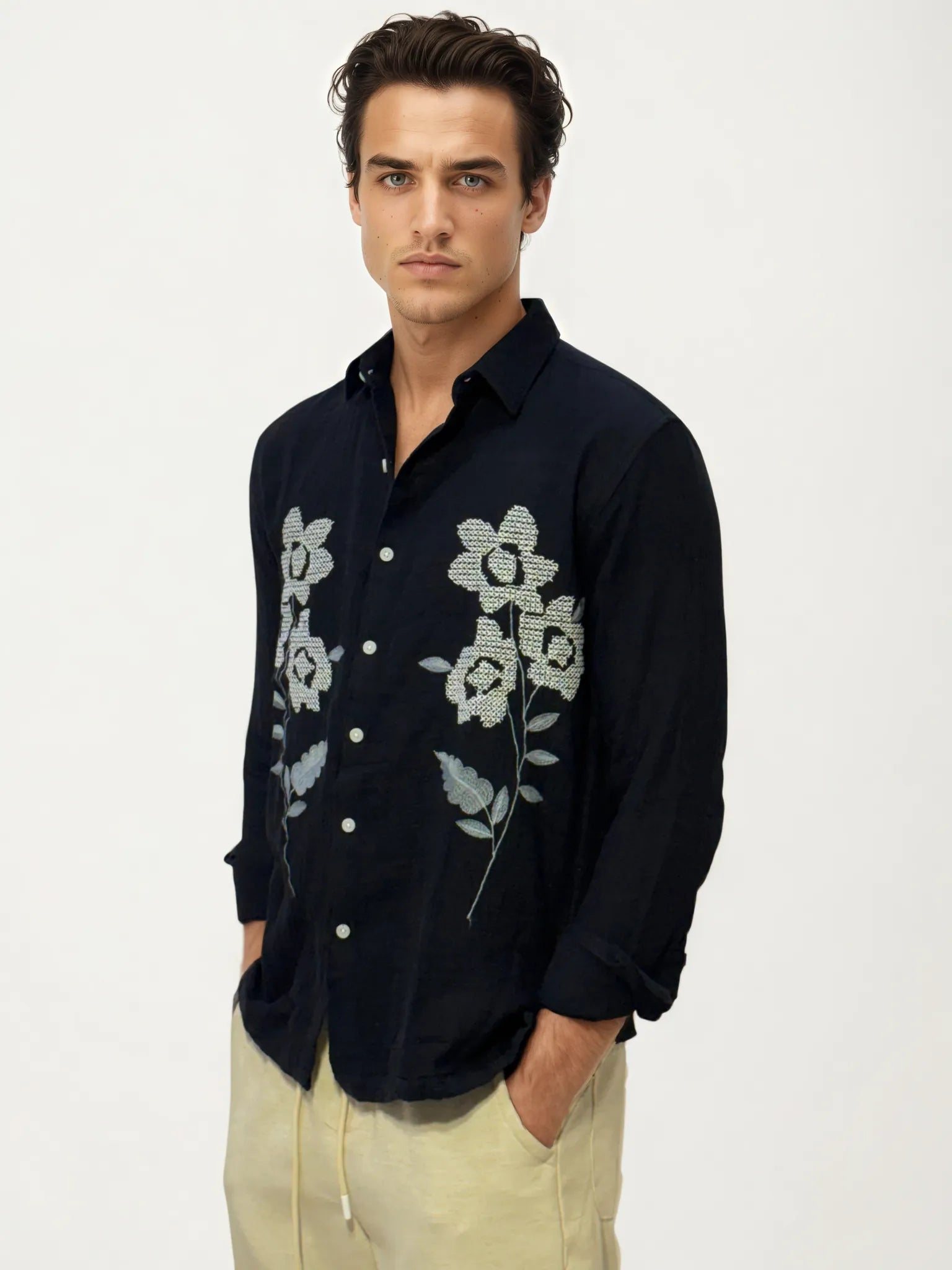 Embroidery Blended Linen Shirt