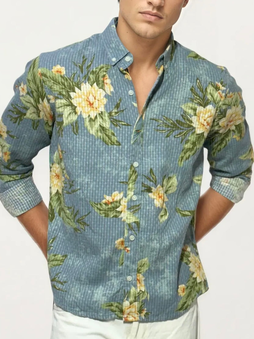 Blue Printed Full-Hand Shirt