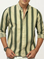 Green-White Striped Full-Hand Shirt