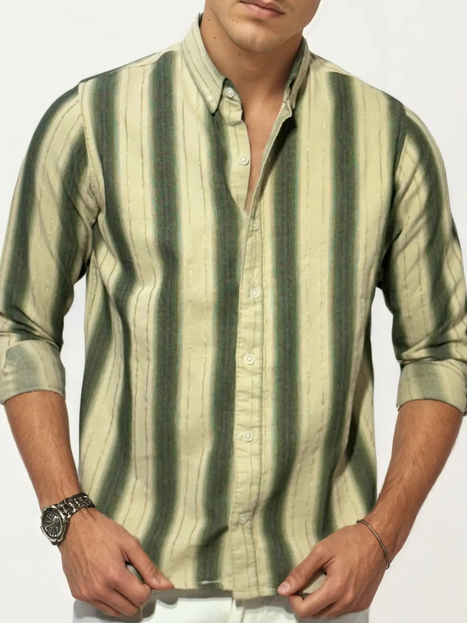 Green-White Striped Full-Hand Shirt