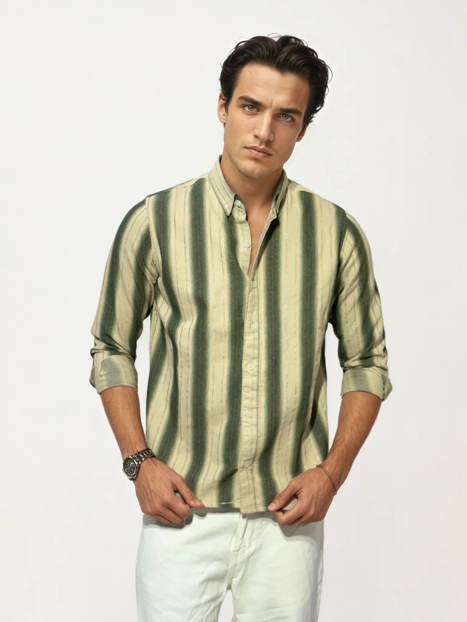 Green-White Striped Full-Hand Shirt