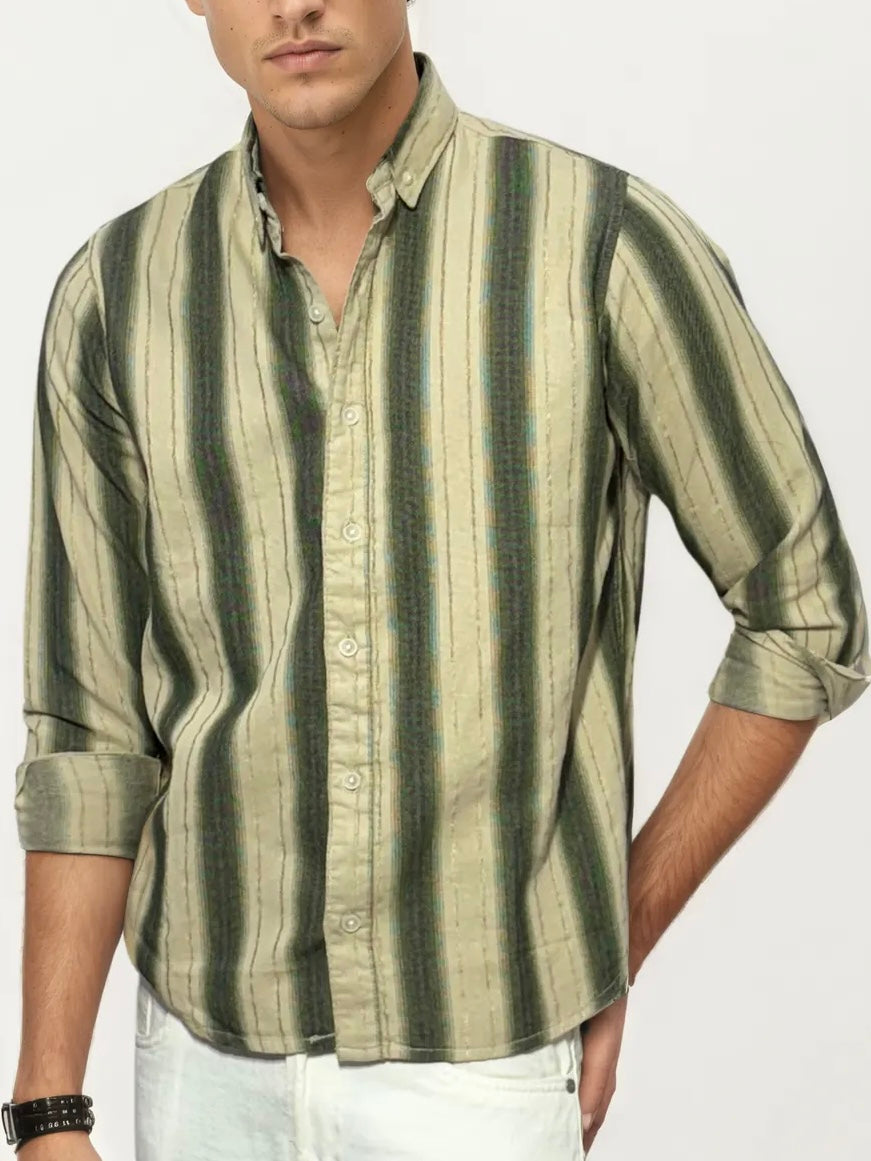 Green-White Striped Full-Hand Shirt