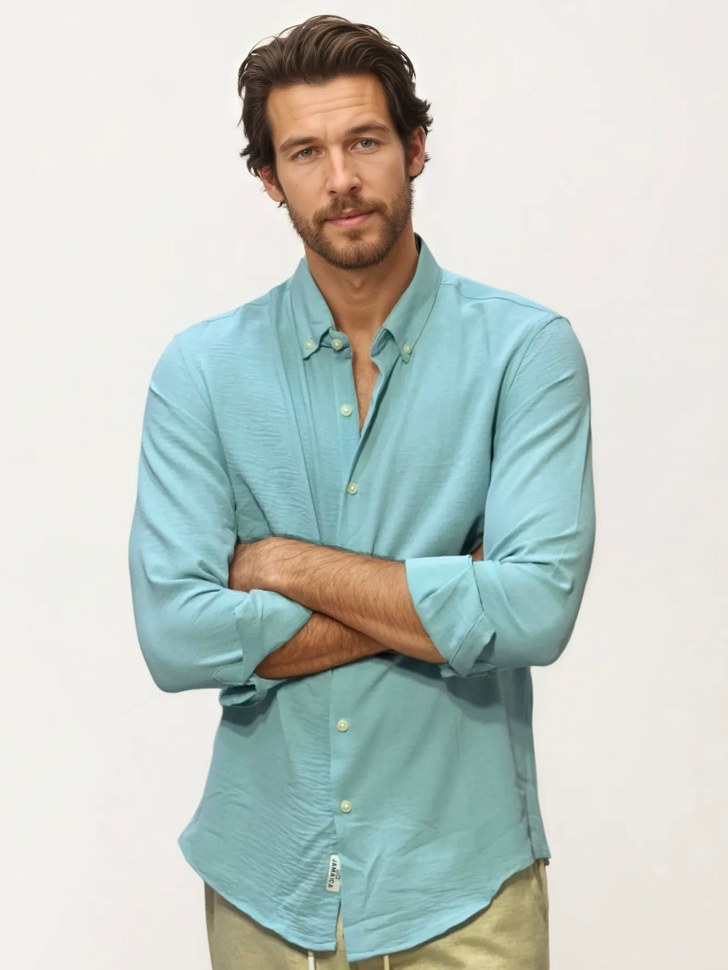 Sky-Blue Blended Linen Full-Hand Shirt