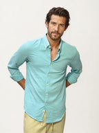 Sky-Blue Blended Linen Full-Hand Shirt