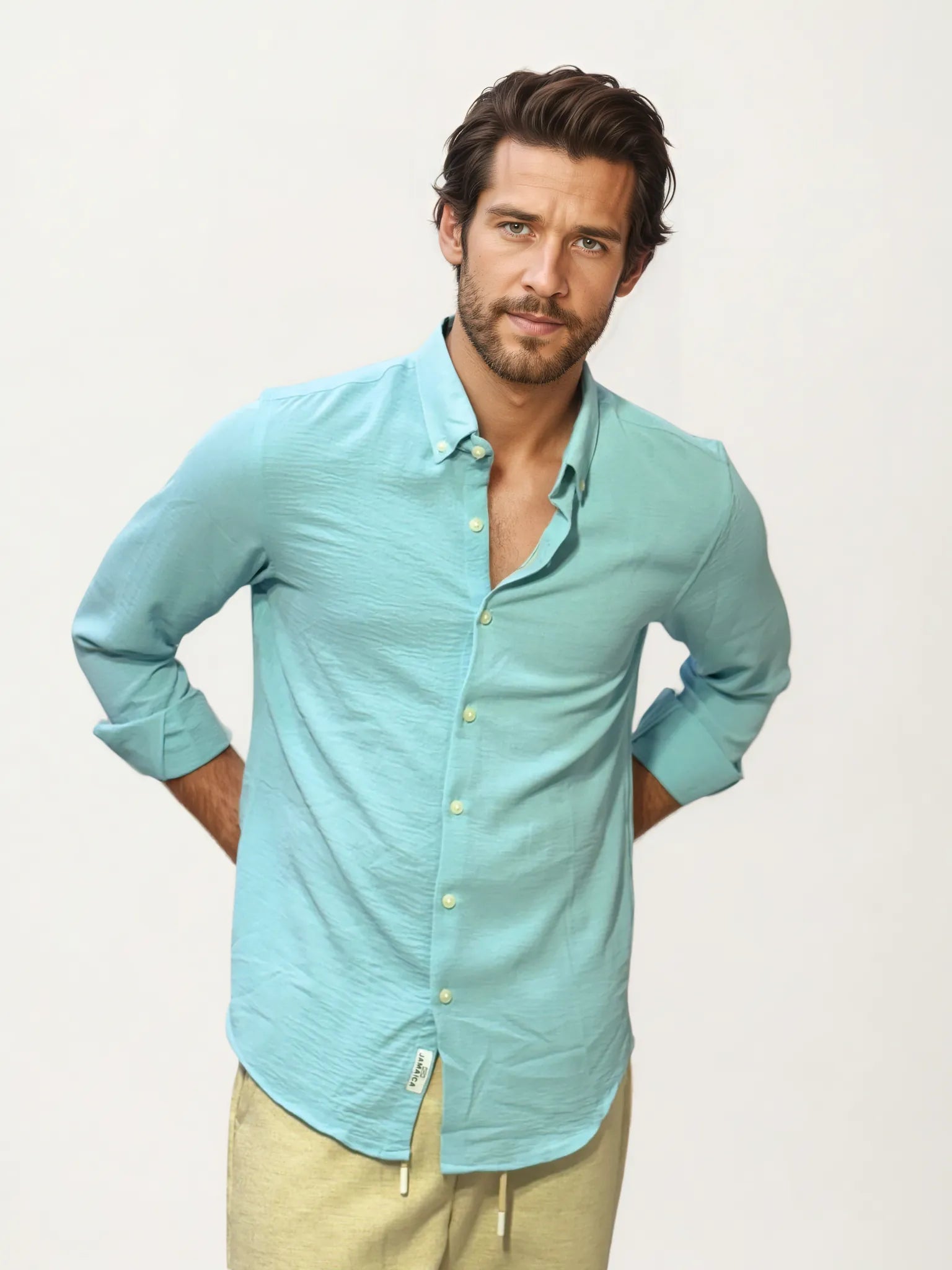 Sky-Blue Blended Linen Full-Hand Shirt