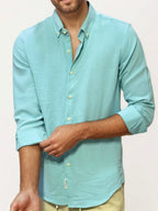 Sky-Blue Blended Linen Full-Hand Shirt