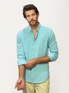 Sky-Blue Blended Linen Full-Hand Shirt