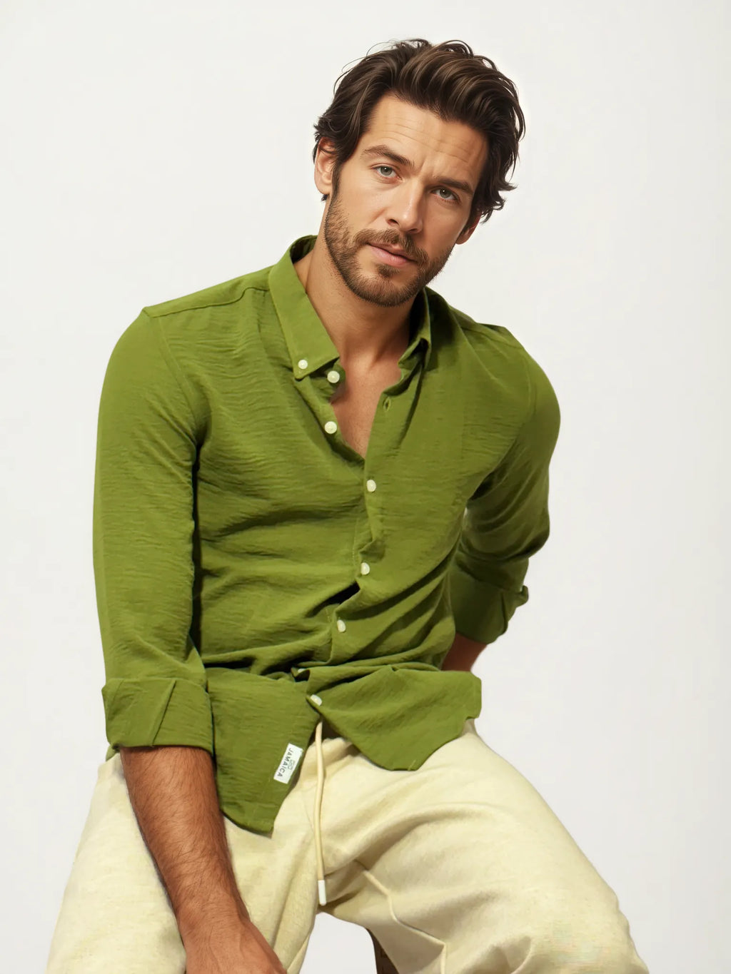 Green Blended Linen Full-Hand Shirt