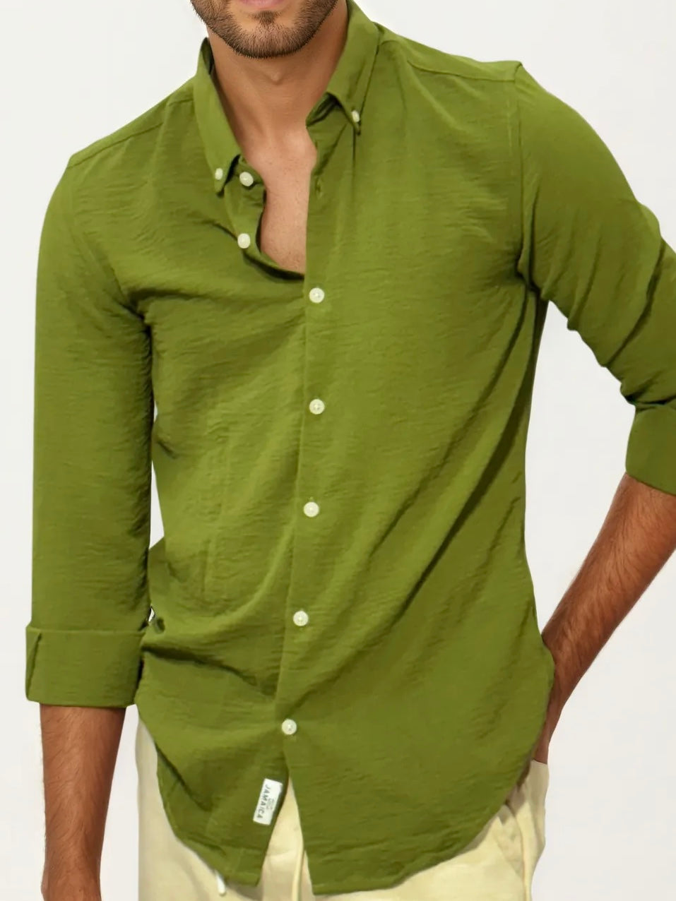 Green Blended Linen Full-Hand Shirt