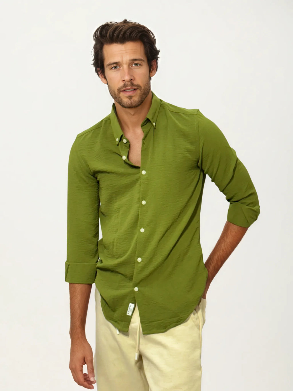 Green Blended Linen Full-Hand Shirt