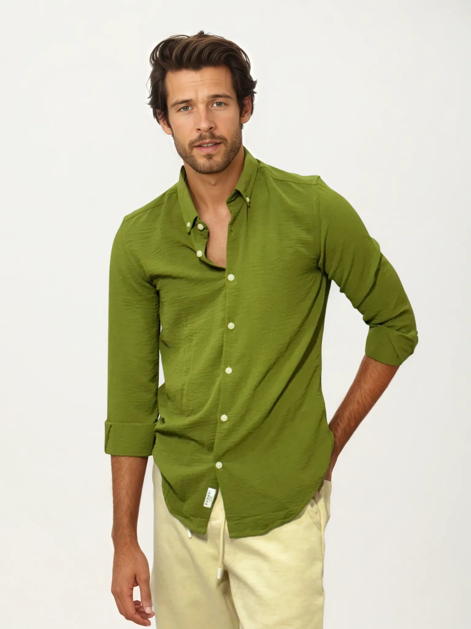 Green Blended Linen Full-Hand Shirt
