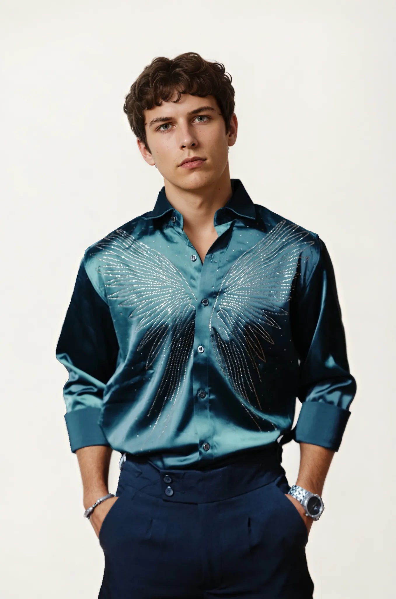 Green Stone-Work Party Wear Shirt