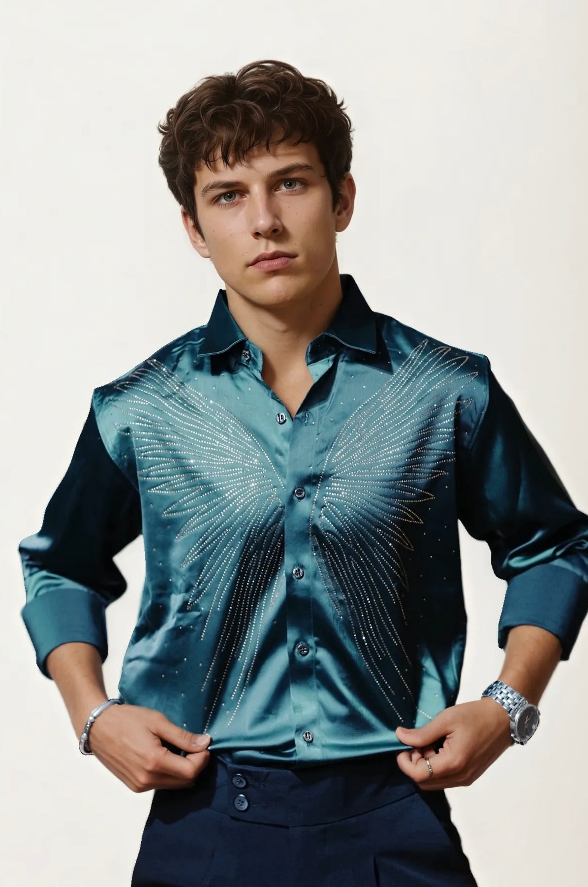 Green Stone-Work Party Wear Shirt
