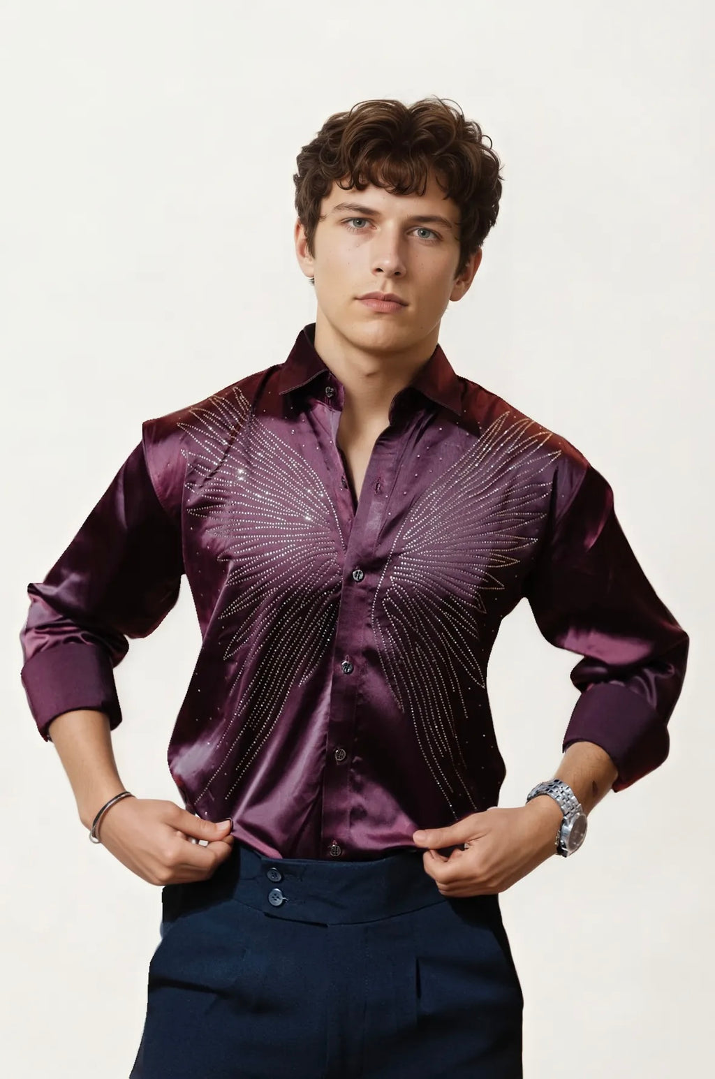 Wine Stone-Work Party Wear Shirt