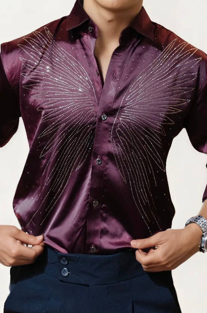 Wine Stone-Work Party Wear Shirt