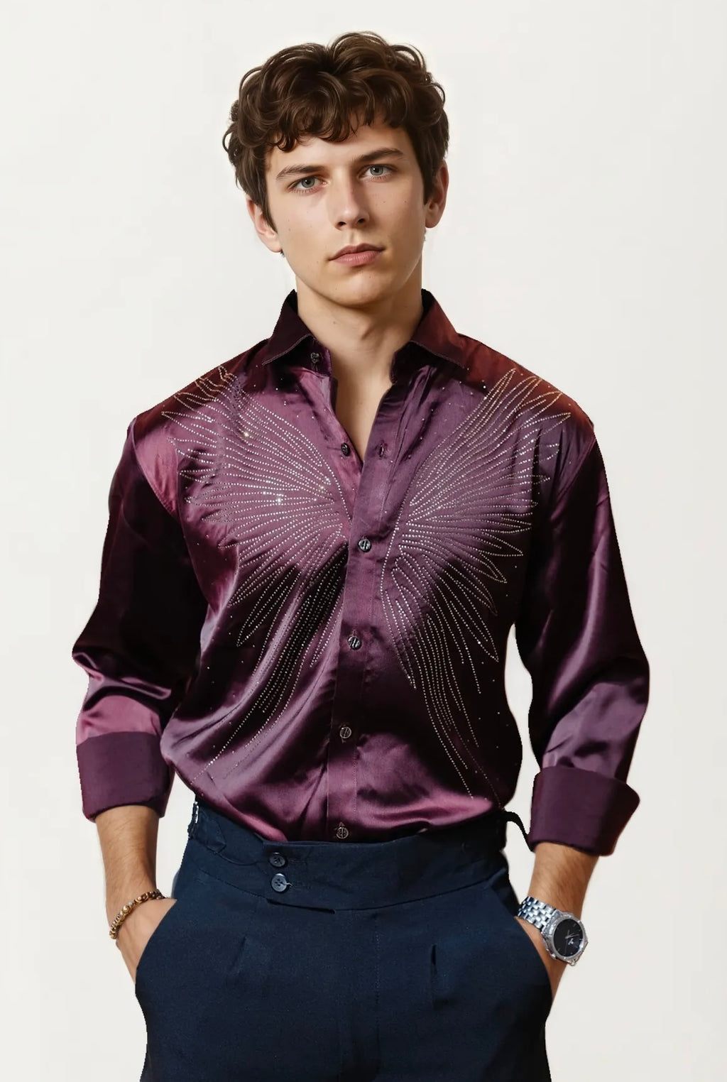 Wine Stone-Work Party Wear Shirt