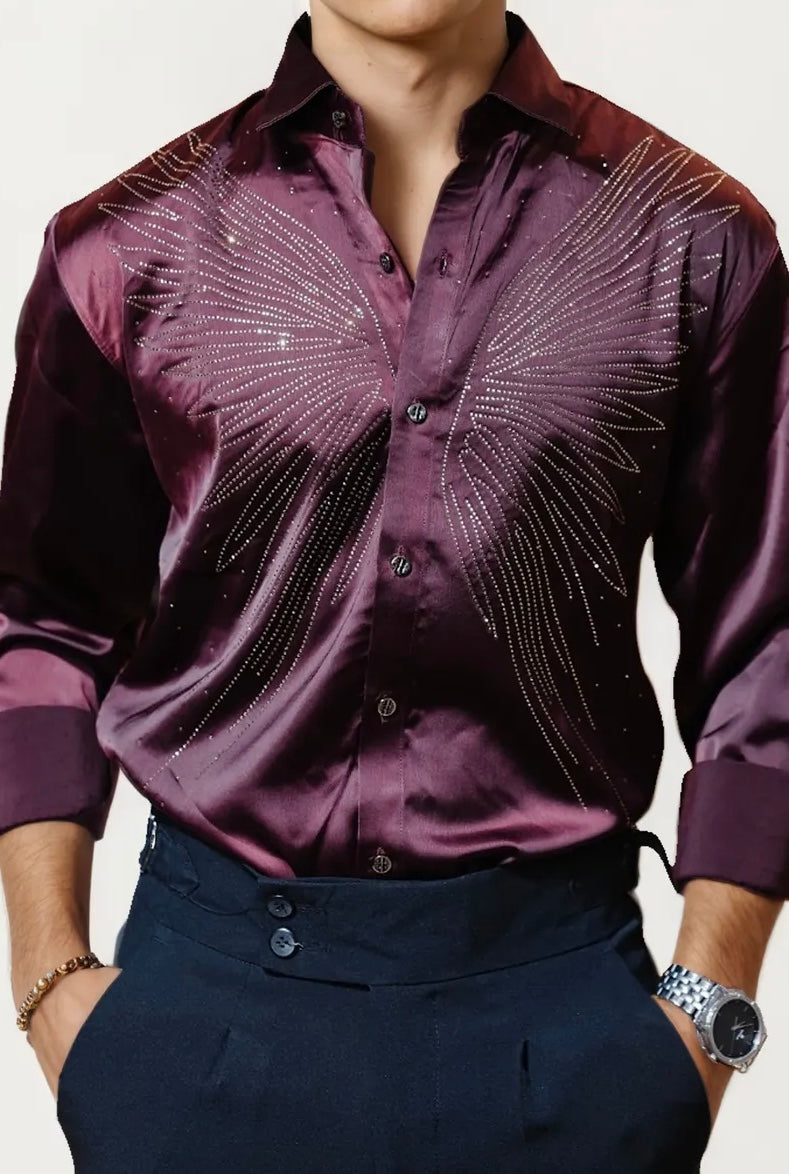 Wine Stone-Work Party Wear Shirt