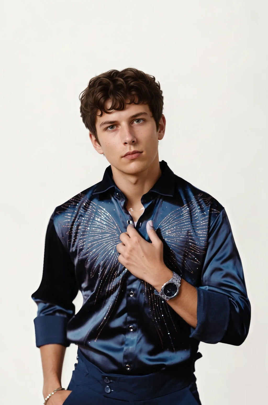 Blue Stone-Work Party Wear Shirt