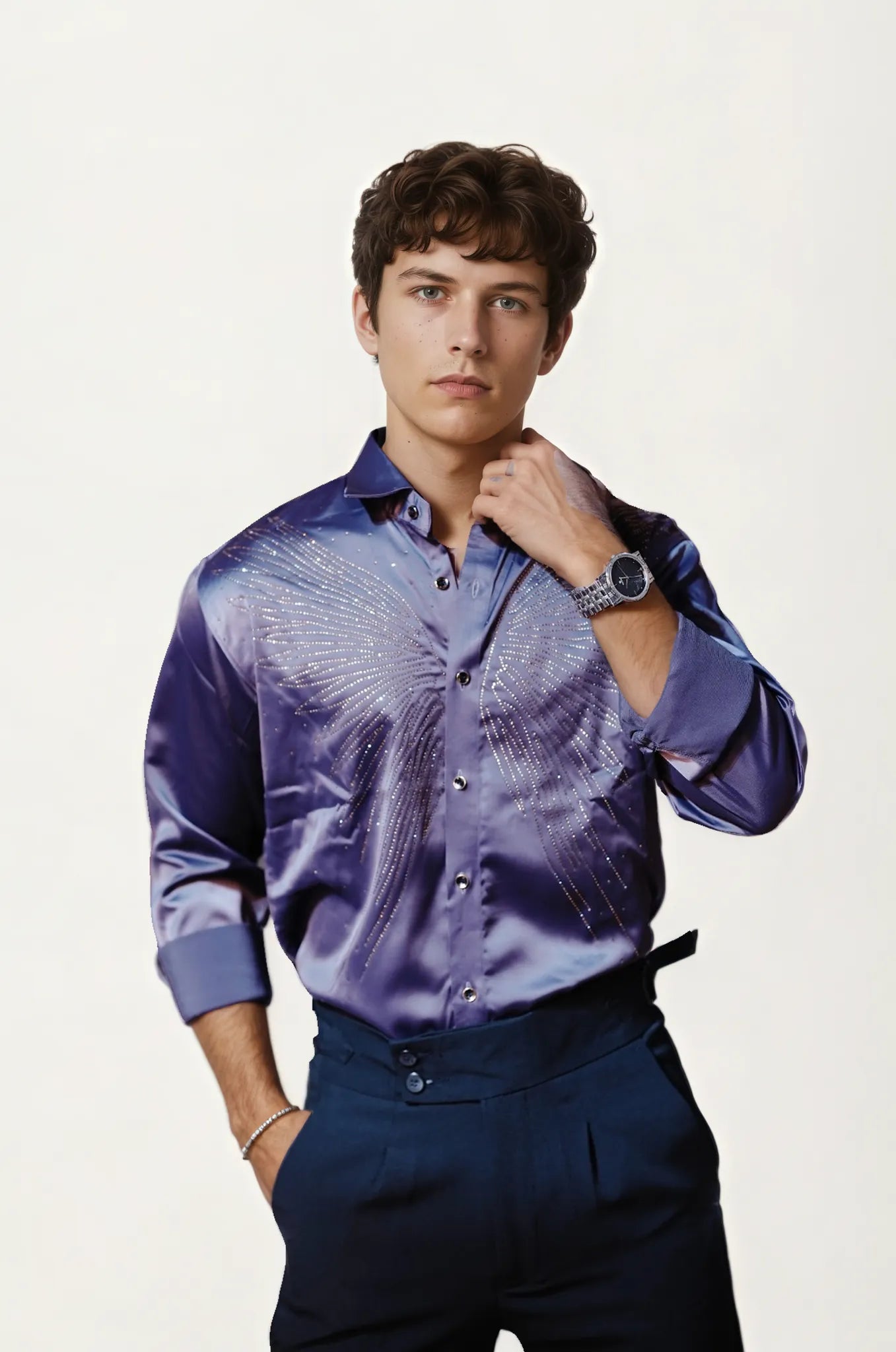 Purple Stone-Work Party Wear Shirt