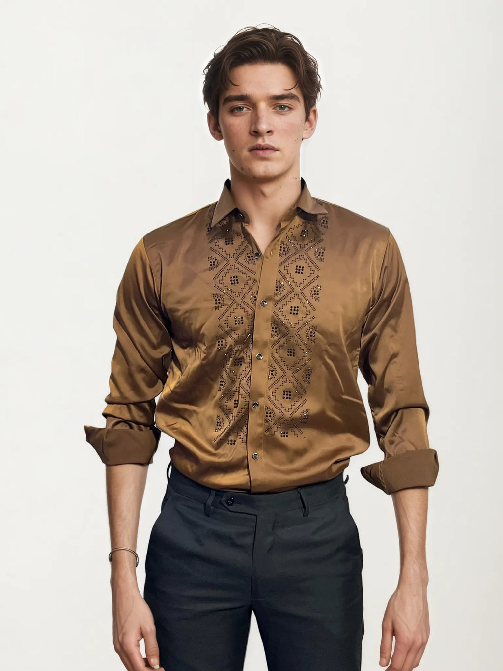 Brown Stone-Work Party Wear Shirt