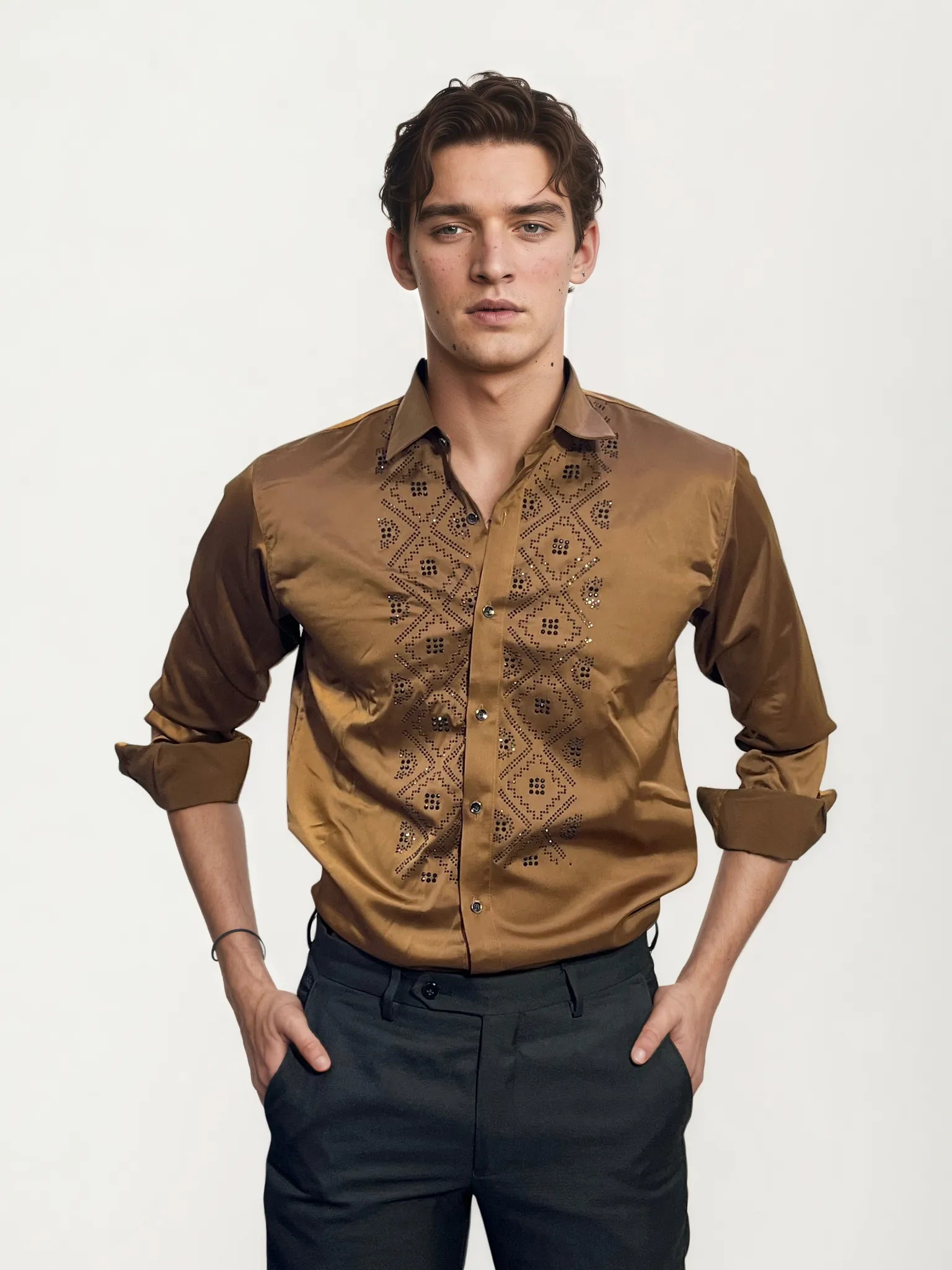 Brown Stone-Work Party Wear Shirt