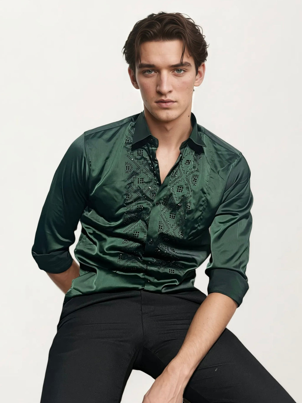 Green Stone-Work Party Wear Shirt