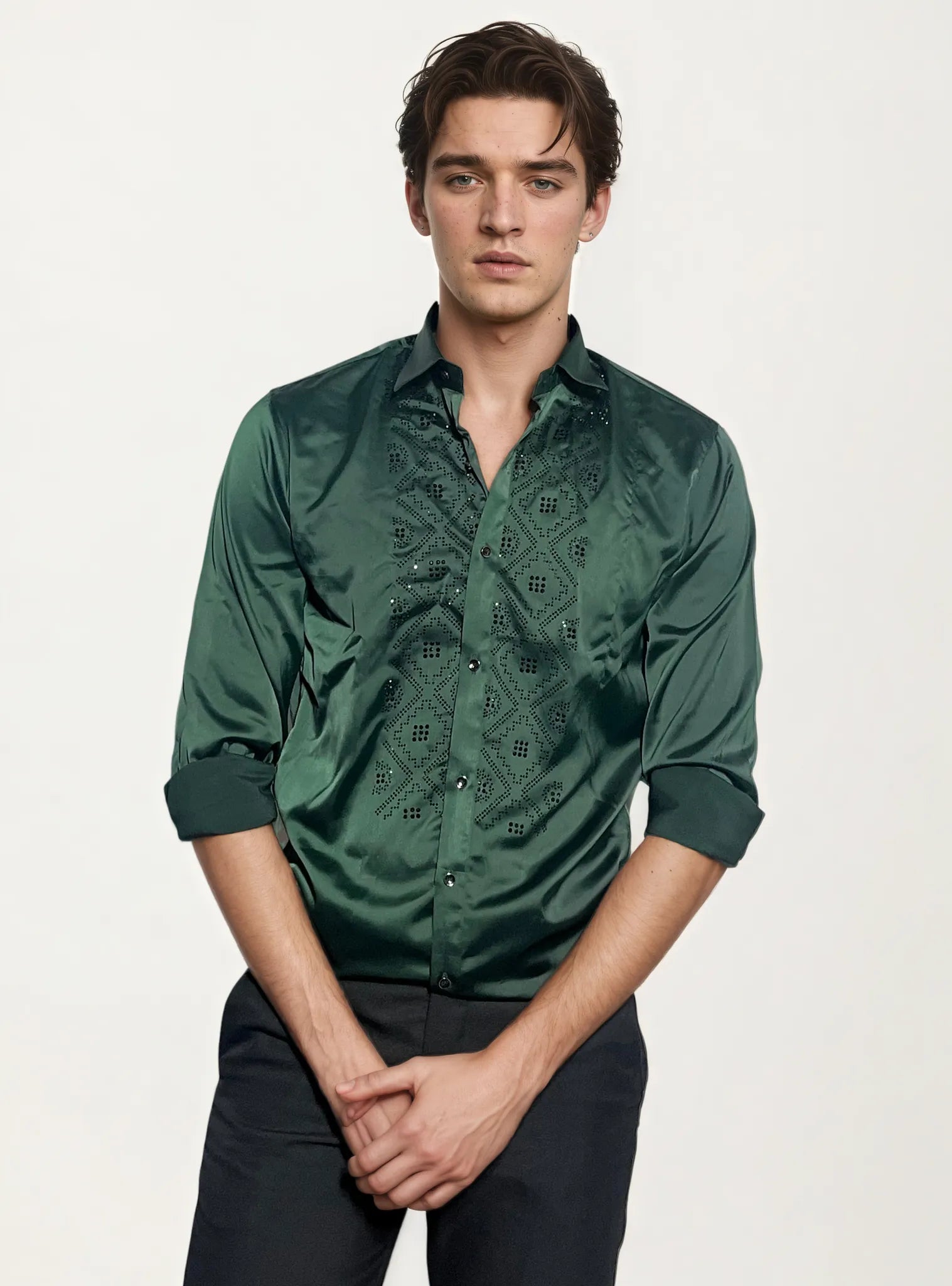 Green Stone-Work Party Wear Shirt