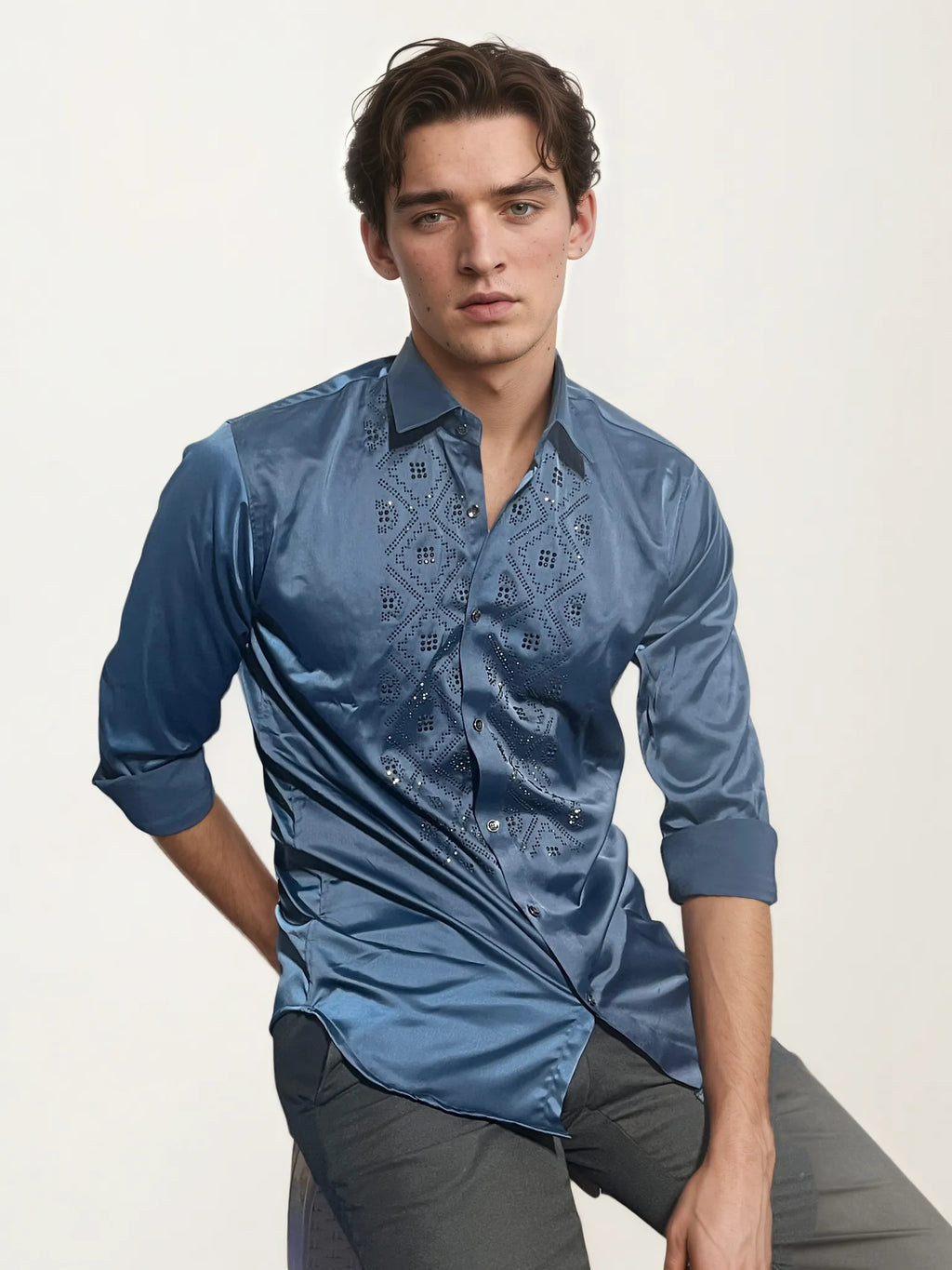 Blue Stone-Work Party Wear Shirt